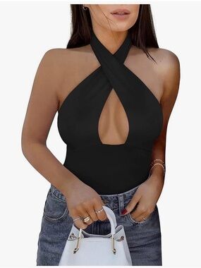 ReoRia Black Crisscross Halter Keyhole Bodysuit - Women Tops